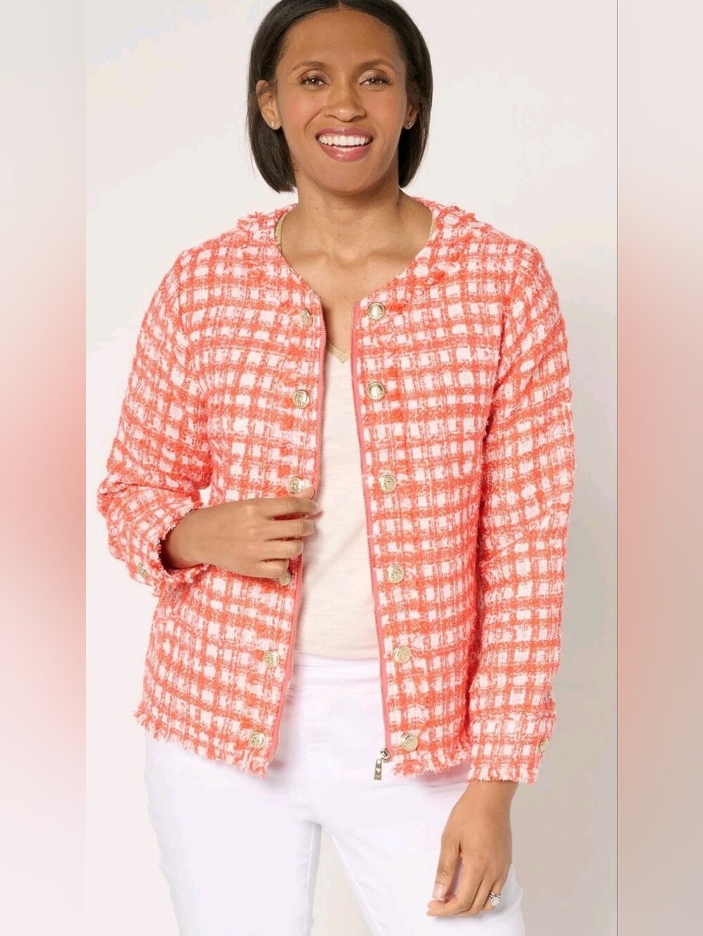 Belle By Kim Gravel Salmon Pink Women's Boucle Zipper Jacket